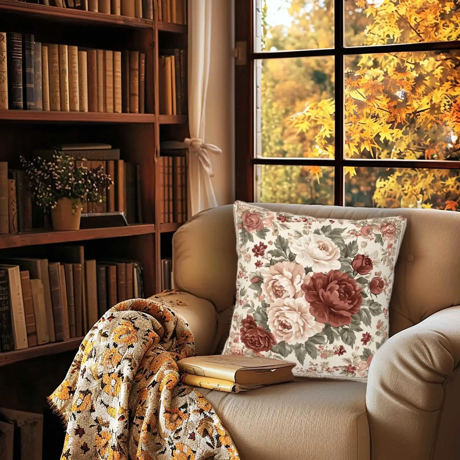 Burgundy Peony Throw Pillow Covers Set of 2,Vintage Floral Decorative Cushion Covers, Country Pillow Cases for Couch Home Decor