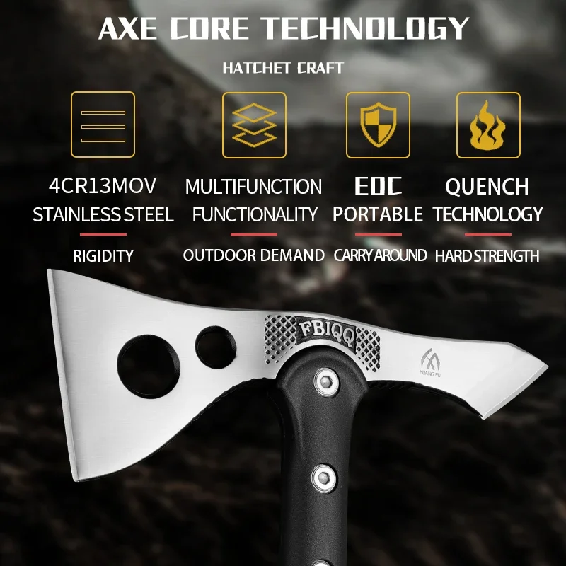 HUANGFU4cr13 Steel Multi functional Battle Axe - Portable Survival Axe for Outdoor Camping, Hunting, and Emergency Situations