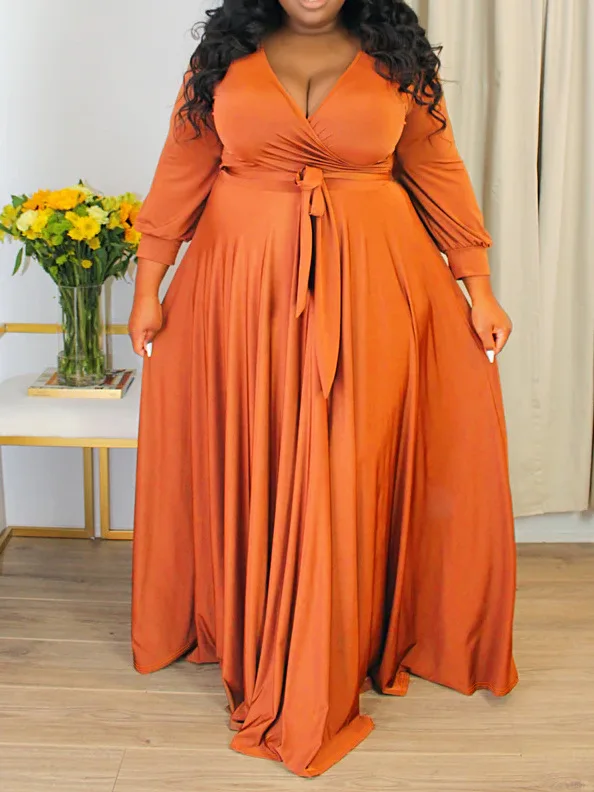 Fall Winter Elegant Comfortable V-neck Long Dress with Belt Full Sleeves Casual Maxi Dresses Plus Size Clothing