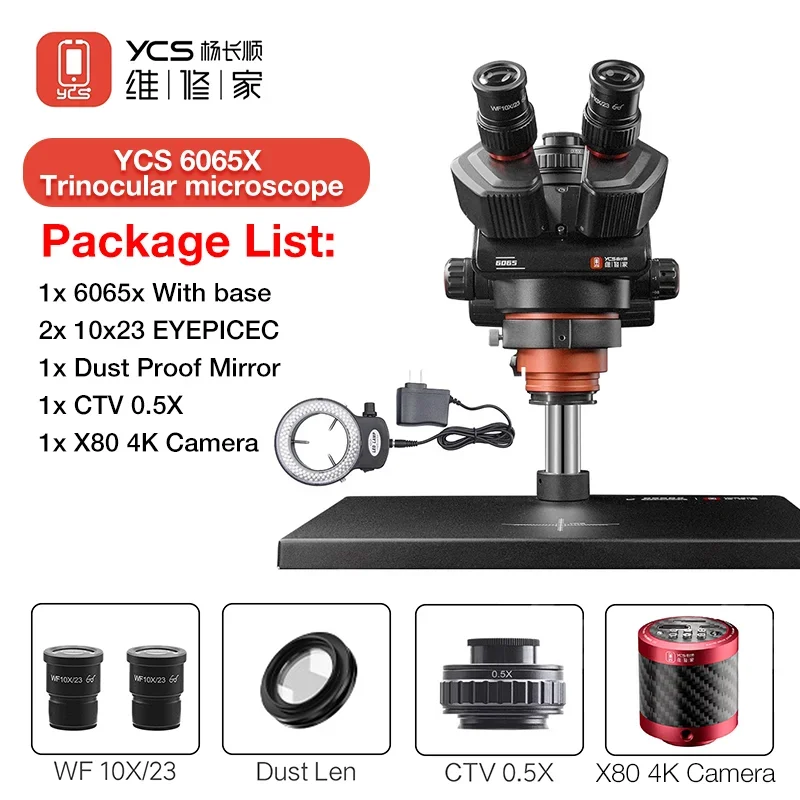 YCS 6065X HD Trinocular Microscope 0.6-6.5x Magnification for Phones Repair PCB Welding Microscope 4K Camera Tools