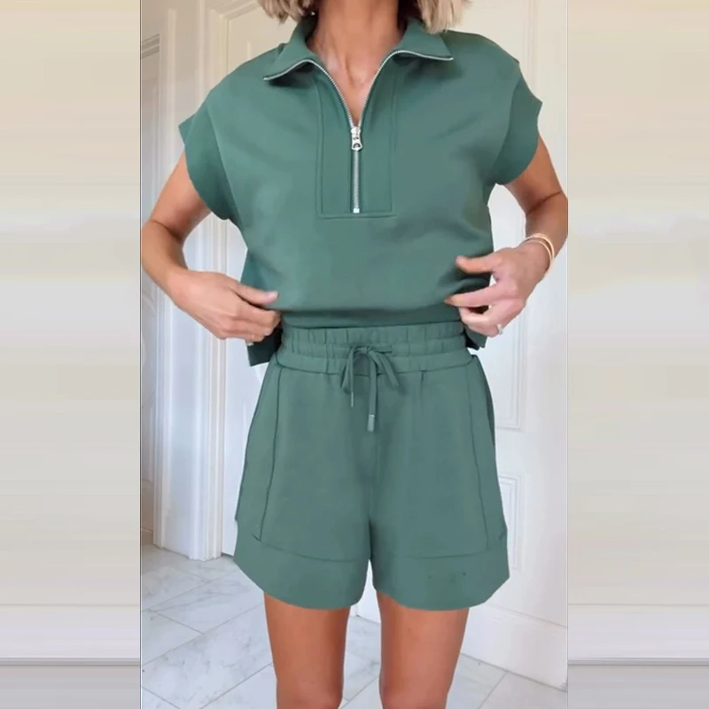 

Повседневная полуводолазка с карманами, элегантный пуловер на молнии и короткий брючный костюм на шнуровке, женский модный свитшот, однотонный комплект из 2 предметов