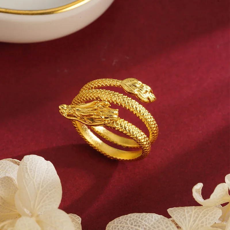 2026 Adjustable Coiling Dragon Ring Zodiac Vietnamese Sand Gold Ancient Chinese Style Unisex Wandering Dragon Jewelry Versatile