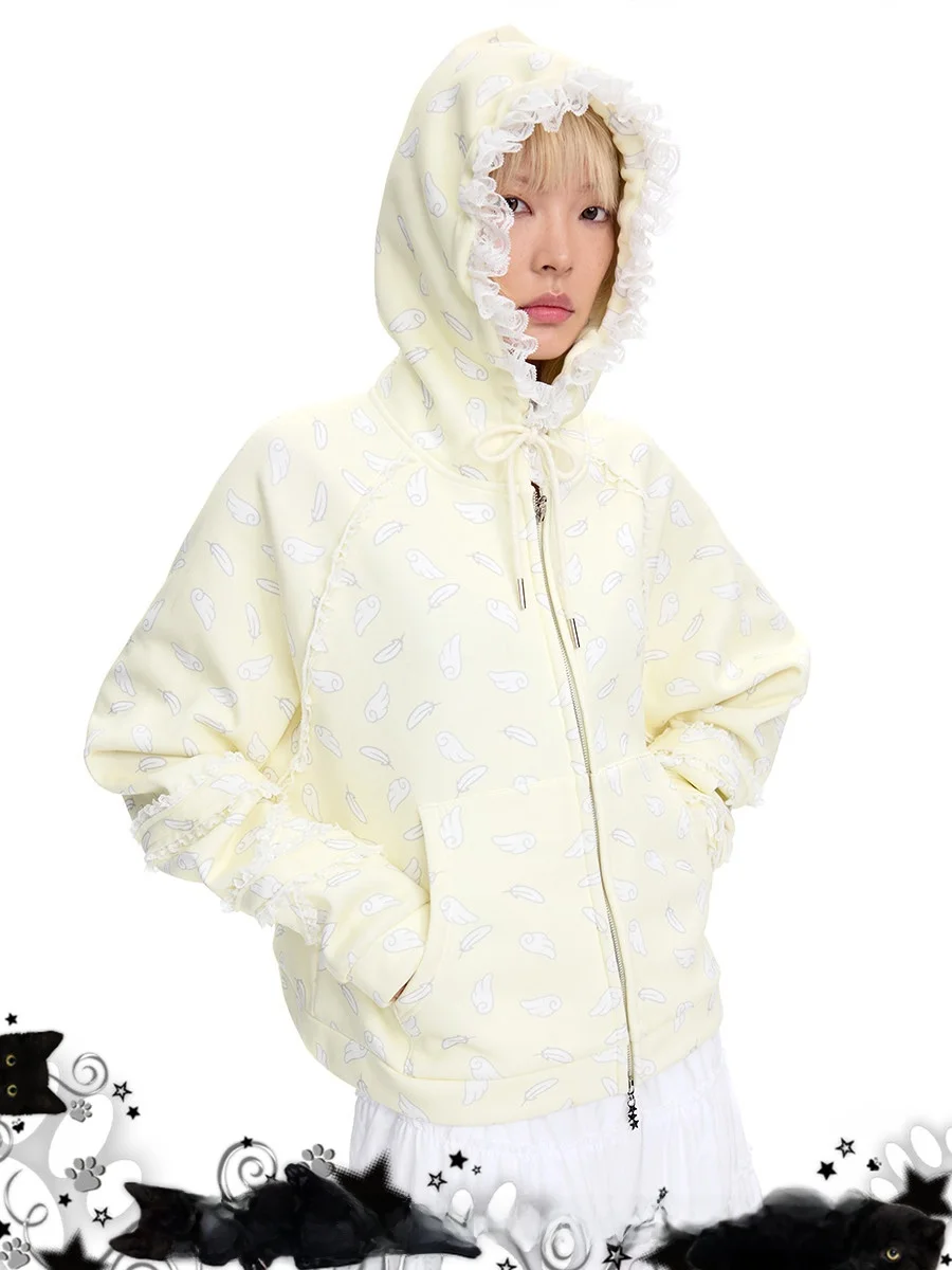 

Женская толстовка CFIERCE с кружевным декором, принтом перьев и крыльев, модная, с длинными рукавами, на молнии, для повседневной носки