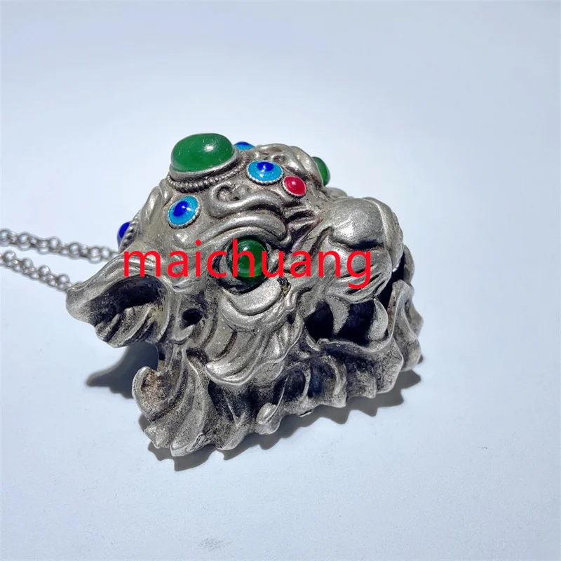 Mai Chuang/ Old Tibetan Silver Domineering Tiger Head Inlaid with Red Green Gemstones Necklace Pendant  Accessories Couple Gift