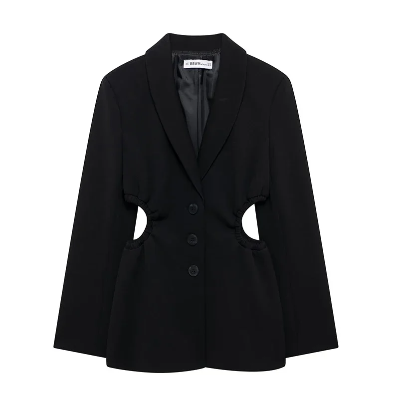 Women Fashion Black Hollow Out Single Breasted Blazer Vintage Notched Neck Long Sleeves Female Chic Lady Outfits