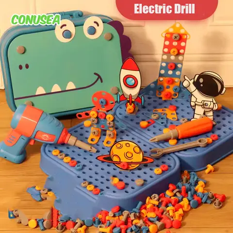 子供のおもちゃツールセット電気ドリルネジナット 3D パズルおもちゃごっこ遊び恐竜掘削アセンブリ知育玩具男の子のため