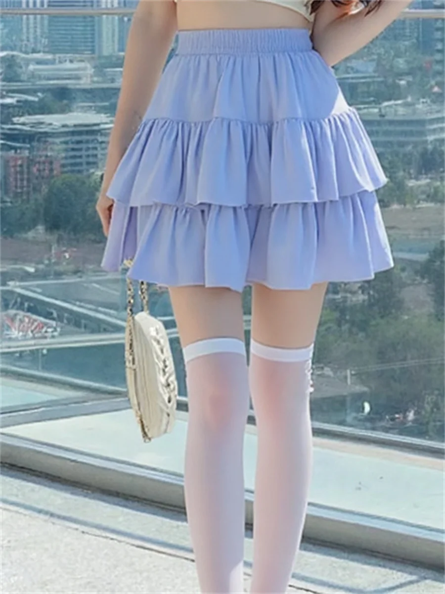 

Mini Ruffled Cake Skirts Womens Chiffon Pleated Ruffle Hem Artistic Modern Chic Elegant Mesh Layered Ruffle Waist Feminina