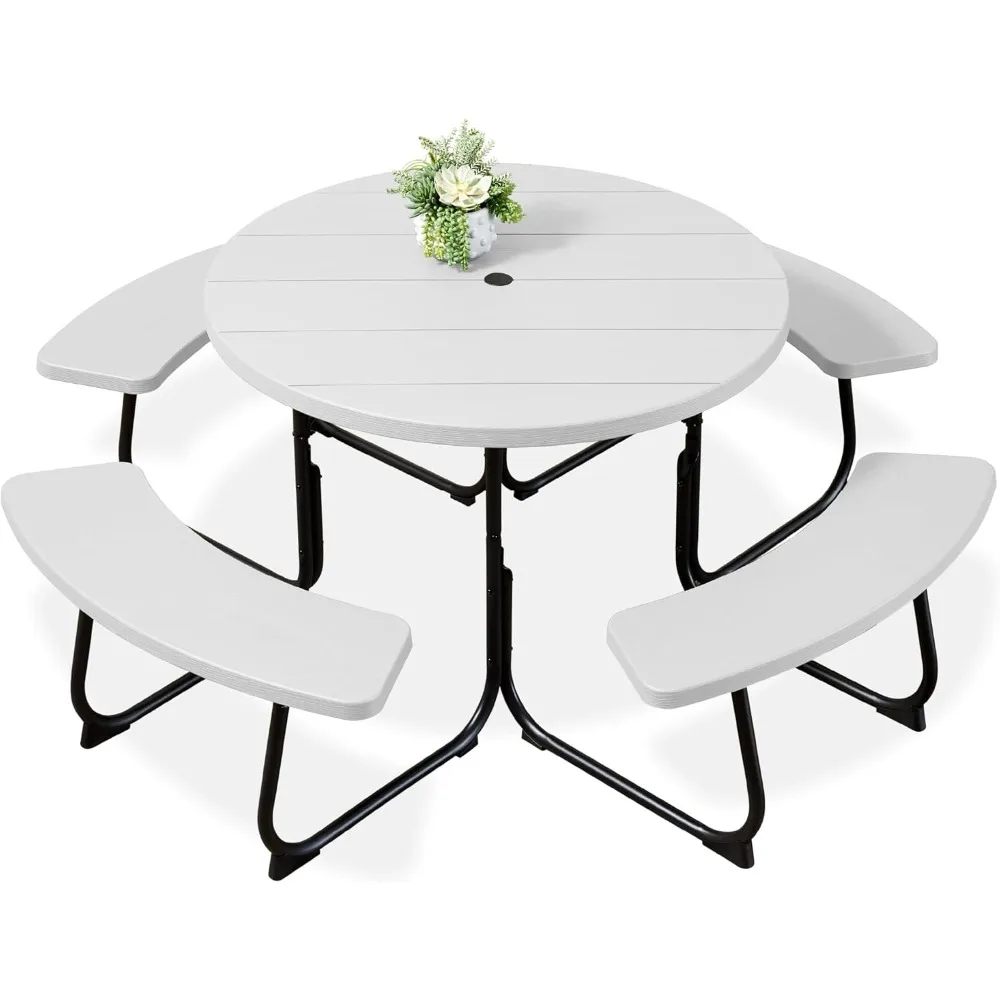 

Products 8-Person Outdoor Bench Patio Picnic Table, Circular w/ 4 Built-in Benches and Umbrella Hole, 2000lb