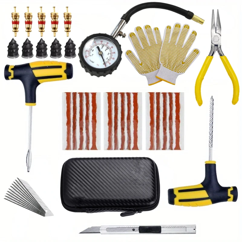 

42pcs Car Tire Repair Tool Kit Studding Tool Auto Bike Puncture Plug Garage Needle Nose Pliers Vacuum Film Tools