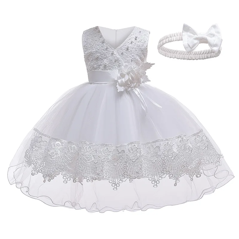 Infant Baby Girls First Year Birthday Appliques Princess Dress+Headband Newborn Christening Kids Baptism Wedding Party Clothes