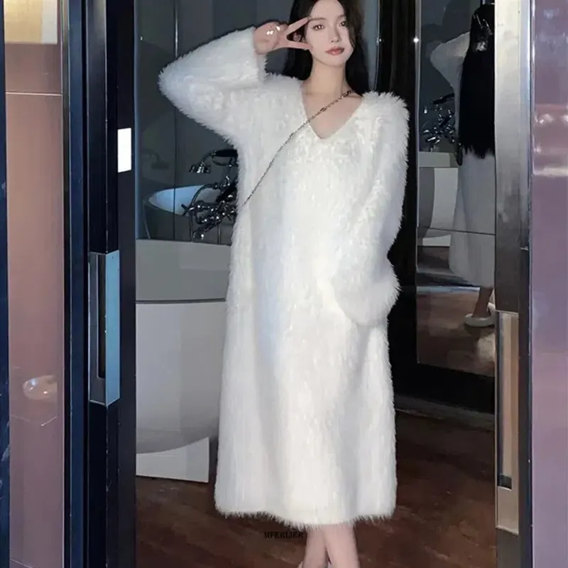 Plus Size 6XL 150KG Women Winter Fleece Dress Long Sleeve Oversized Women Warm O Neck Large Loose Warm Long Dress