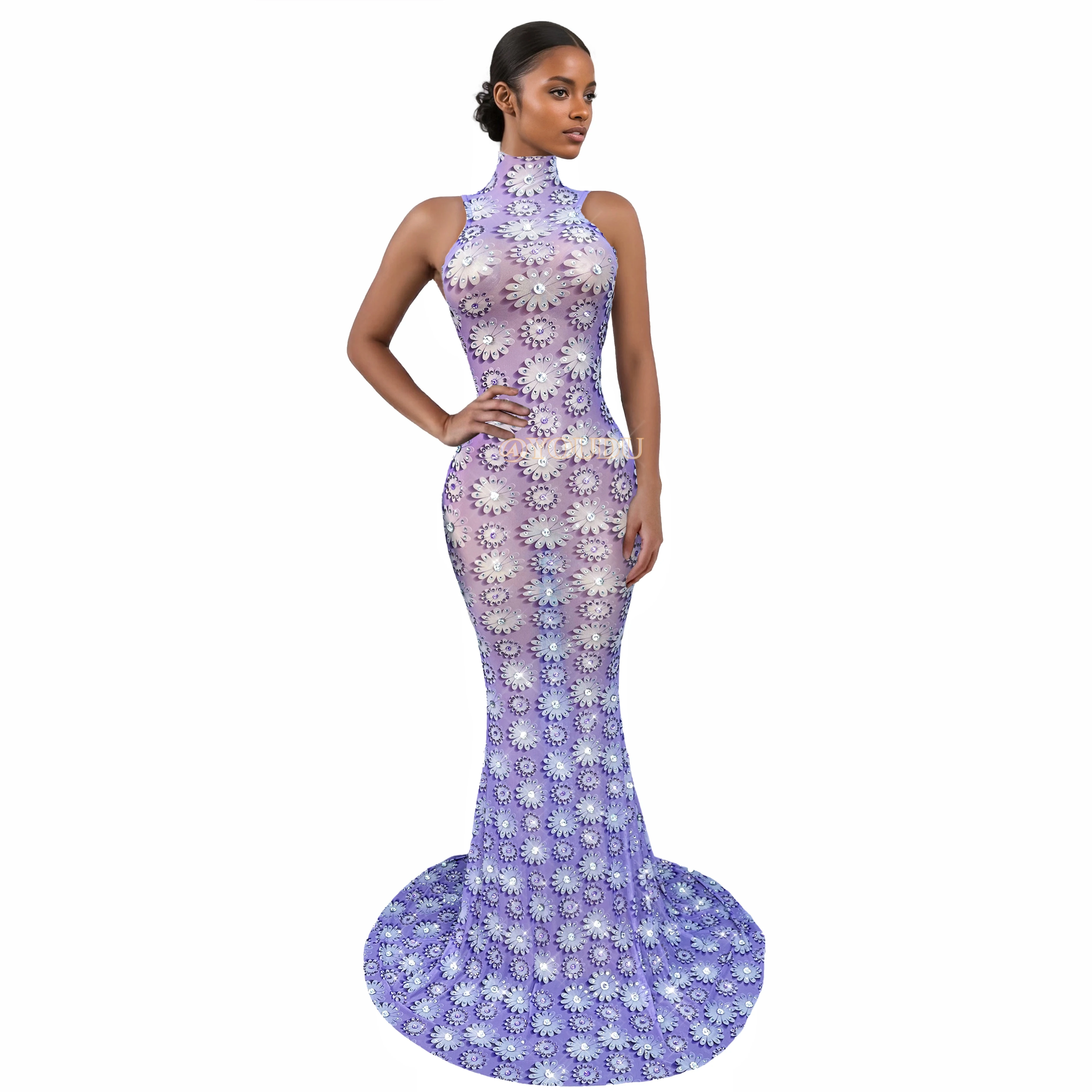 Neues elegantes Blumenmuster entworfen mit glänzenden Strasssteinen, Meerjungfrauenkleid, Abendkleid, roter Teppich, Show-Bühnenoutfit, Xiaobaihua