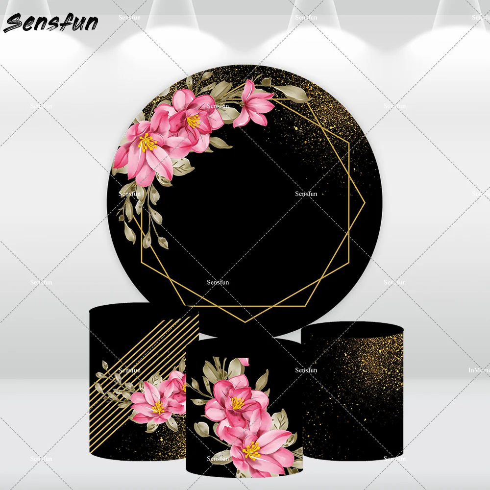 Wedding Party Decoration Black and Gold Round Backdrop Cover Floral Bithday Circle Photo Background Cake Table Banner