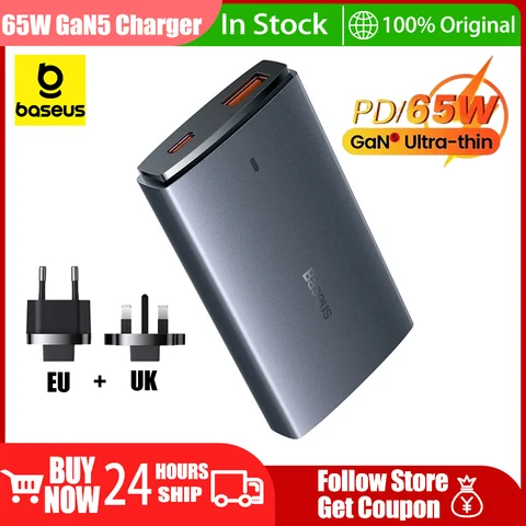 베이스어스 65W GaN5 초슬림 GaN 충전기 접이식 플러그 USB 타입 C 듀얼 포트 고속 충전 맥북 노트북 삼성 아이폰 17 16용
