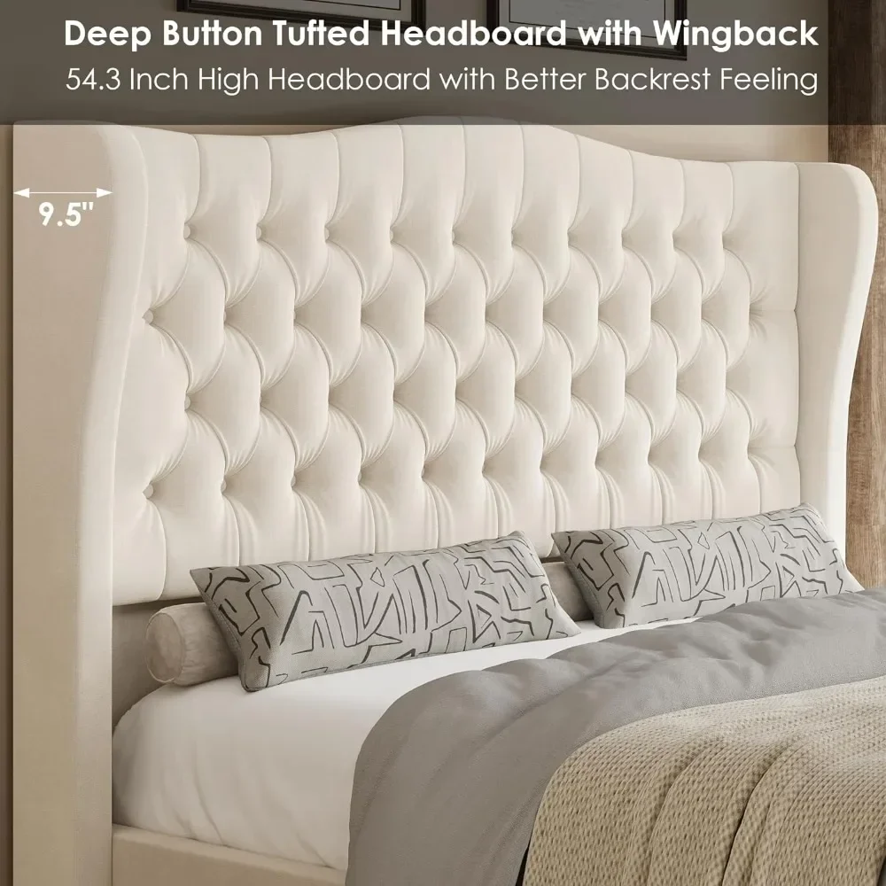 King Bed Frame with Velvet Upholstered Deep Button Tufted Wingback Headboard and Footboard, No Box Spring Needed, King Bed Frame image 3