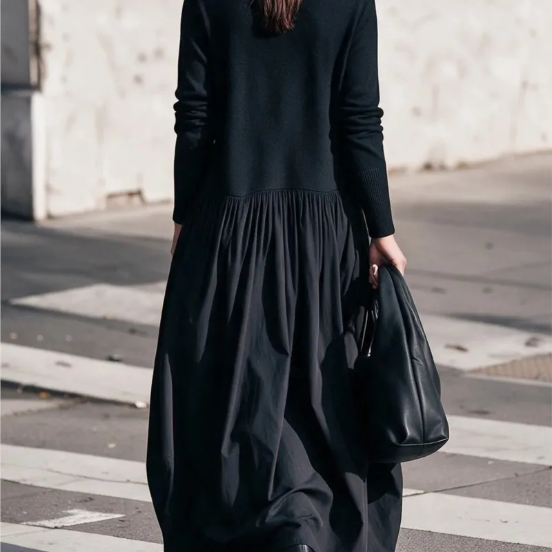 Women Turtleneck Loose Maxi Dress Long Sleeve Knitted Stitching Pleated Dress Oversized Casual Large Hem Long Dress With Pockets