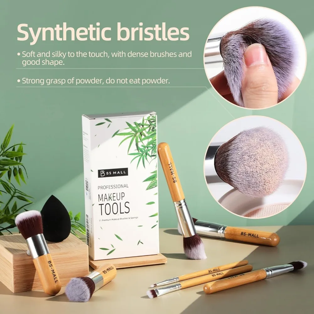 BS-MALL Makeup Brush Set 11Pcs Bamboo Synthetic Kabuki Brush Set Foundation Powder Blending Concealer Eye shadows Blush Cosmetic