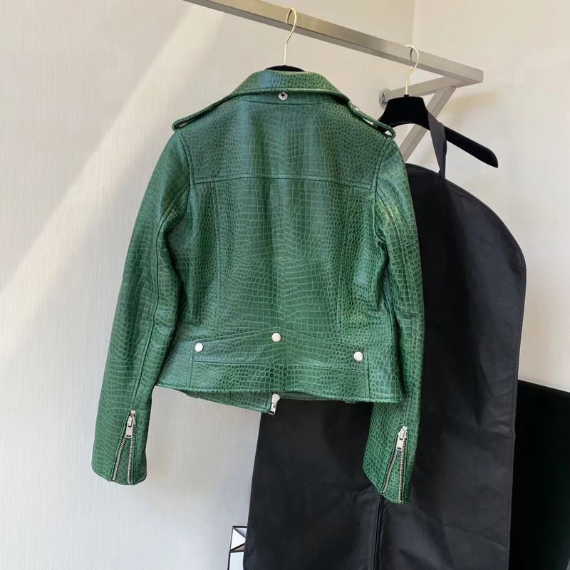 Short Length Coat Spring Women 2024 New Fashion Green Color Genuine Leather Jacket Crocodile Texture High Quality Locomotive