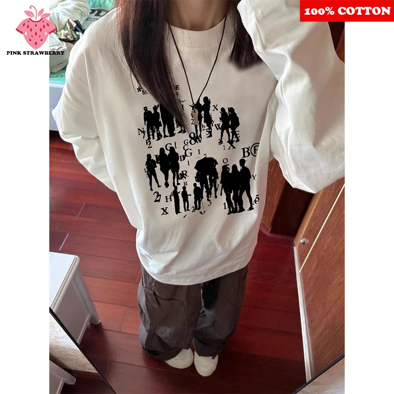 

American Retro Person Print T-shirt Women Autumn 2025 New 100%Cotton White Long sleeves T-shirt Pullover Y2k Top Female clothing