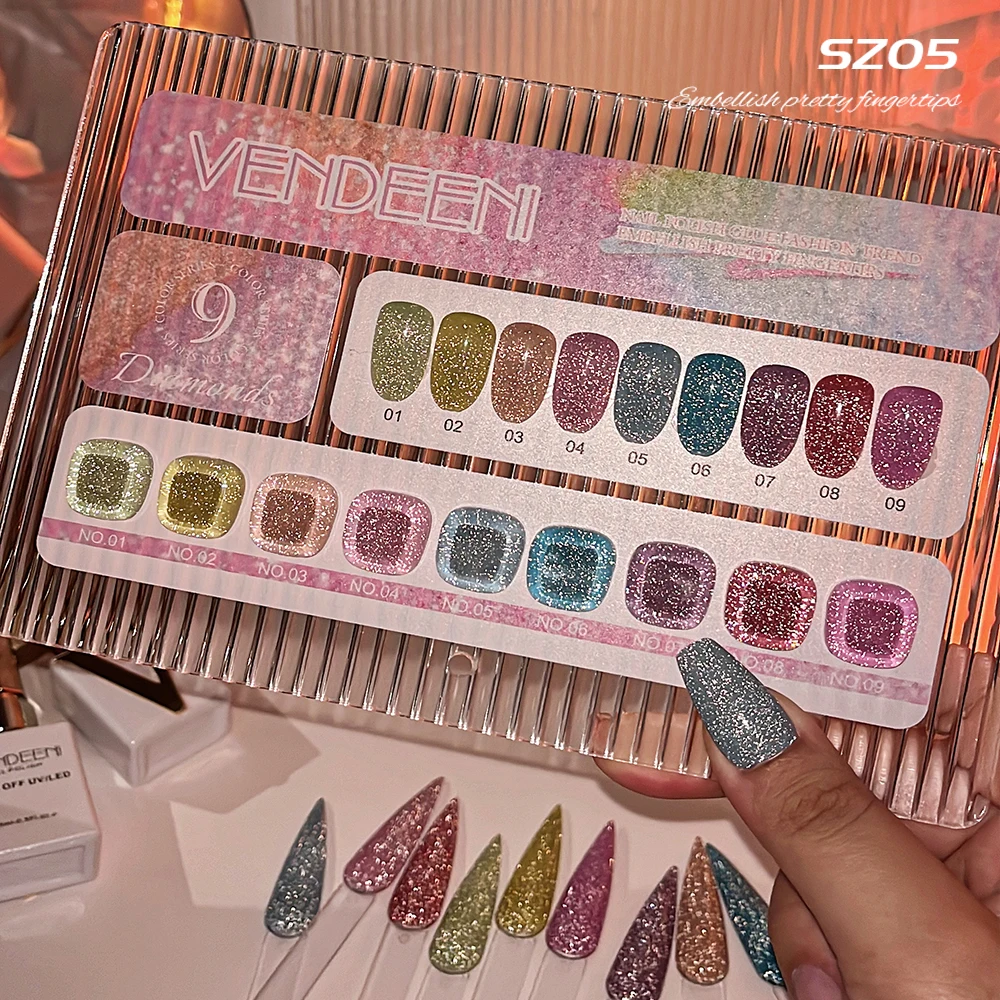 Vendeeni-esmalte de uñas en Gel, 15ml, macarrón, brillo arcoíris, diamante roto, 9 colores/juego, barniz de Gel LED UV colorido