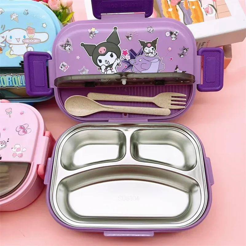 Cute Sanrio Hello Kittycinnamorollkuromi anime 304 stainless steel lunch box cartoon student portable 3 grid sealed lunch bowl