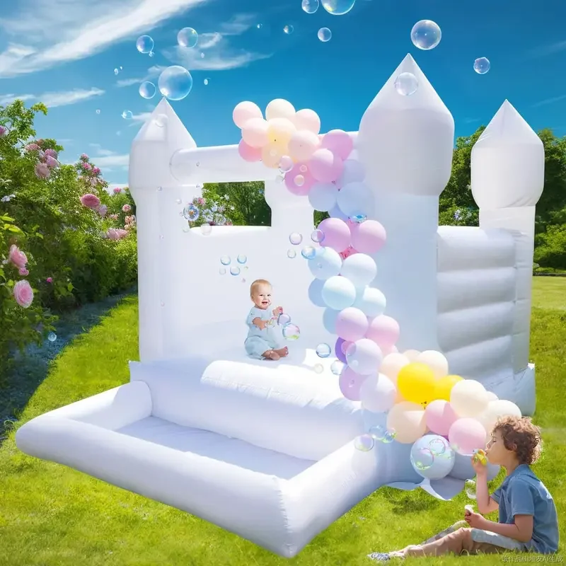 White Bounce House Castle with Ball Pit Commercial Grade PVC Toddler Bounce House Inflatable Small Bounce House with Blower