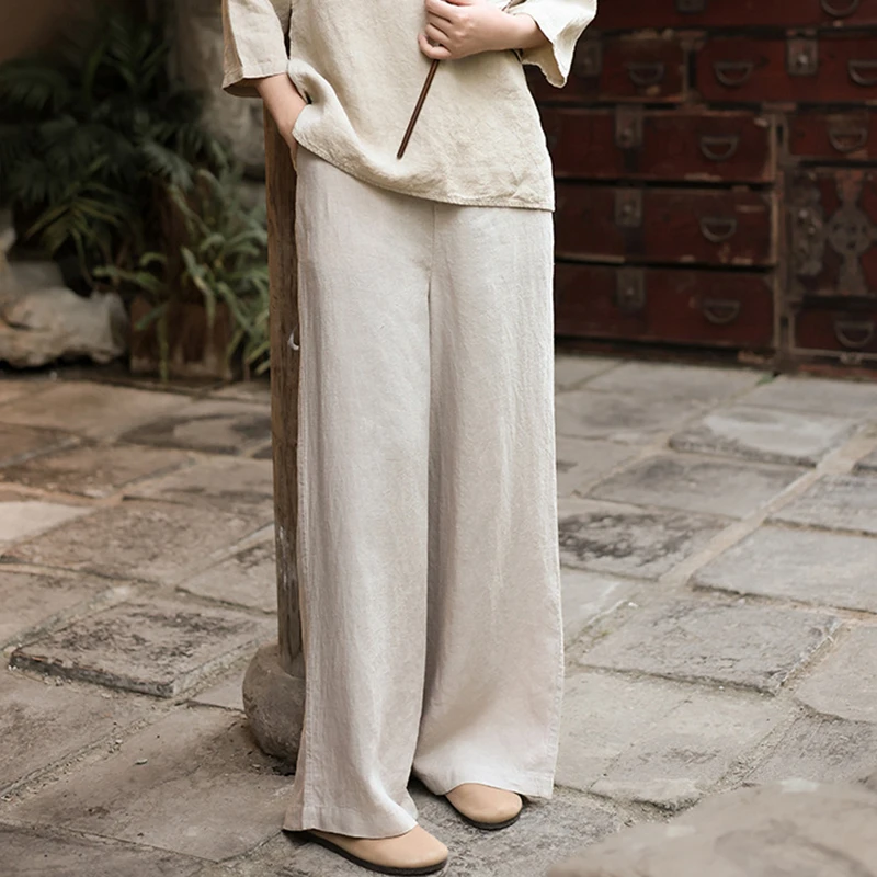 

100% Linen Women Wide Leg Pants New Arrival 2026 Spring Vintage Style Solid Color Loose Comfortable Female Casual Trousers M2488