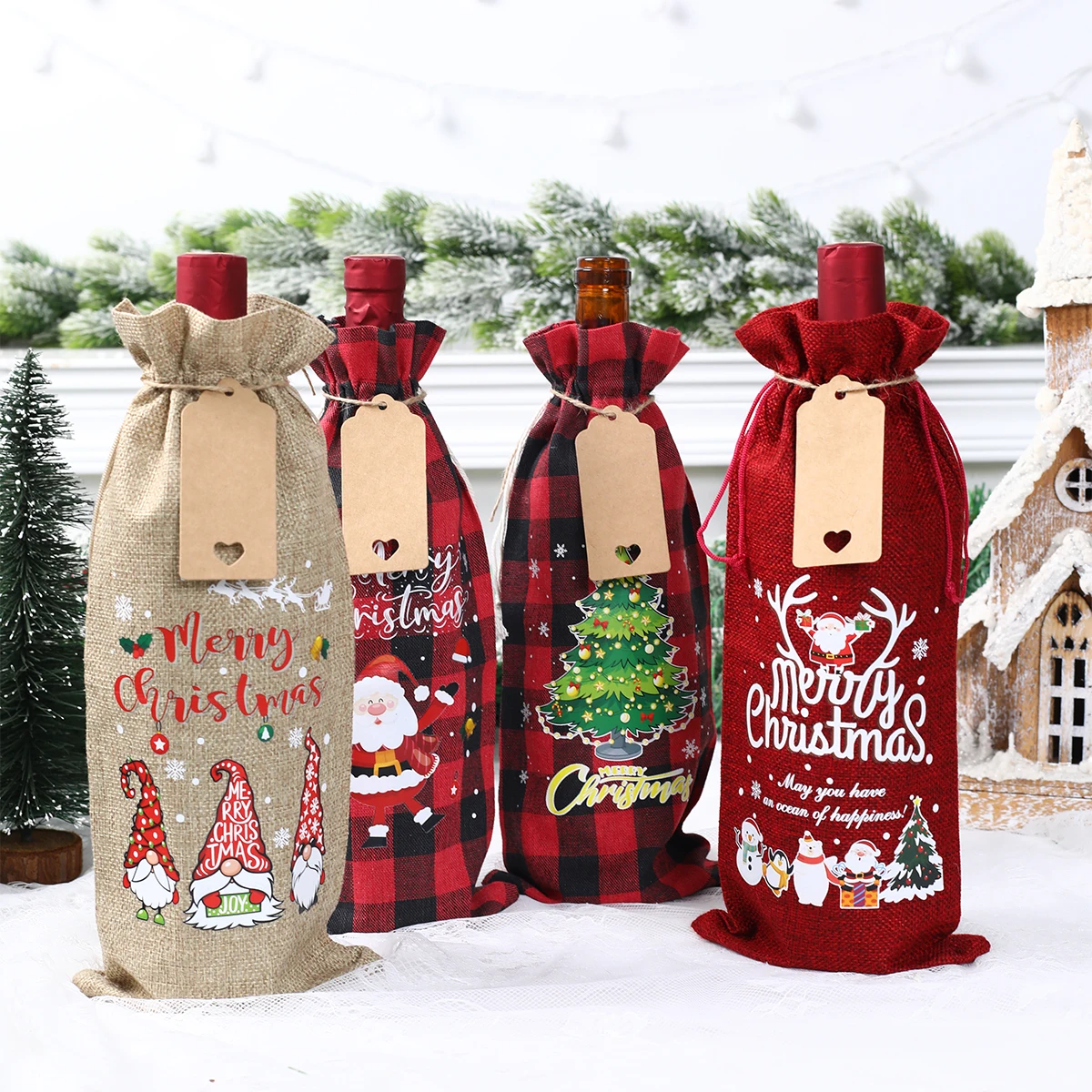 Merry Chirstmas Burlap Wine Bags Wine Gift Bags for Christmas Wedding Multicolor Wine Bottle Bags With Drawstrings Tags Ropes