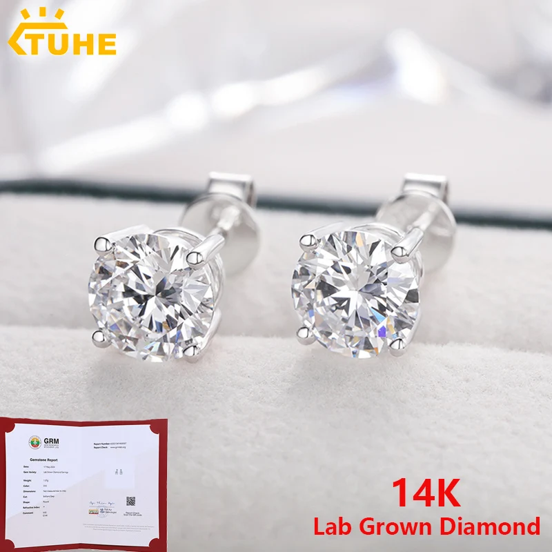 Klasyczne 4 pazury okrągłe kolczyki do uszu dla kobiet 1ct 2ct VVS Lab Grown Diamond 14K Real Gold Stud Earring Mężczyźni Luksusowa biżuteria imprezowa Prezent