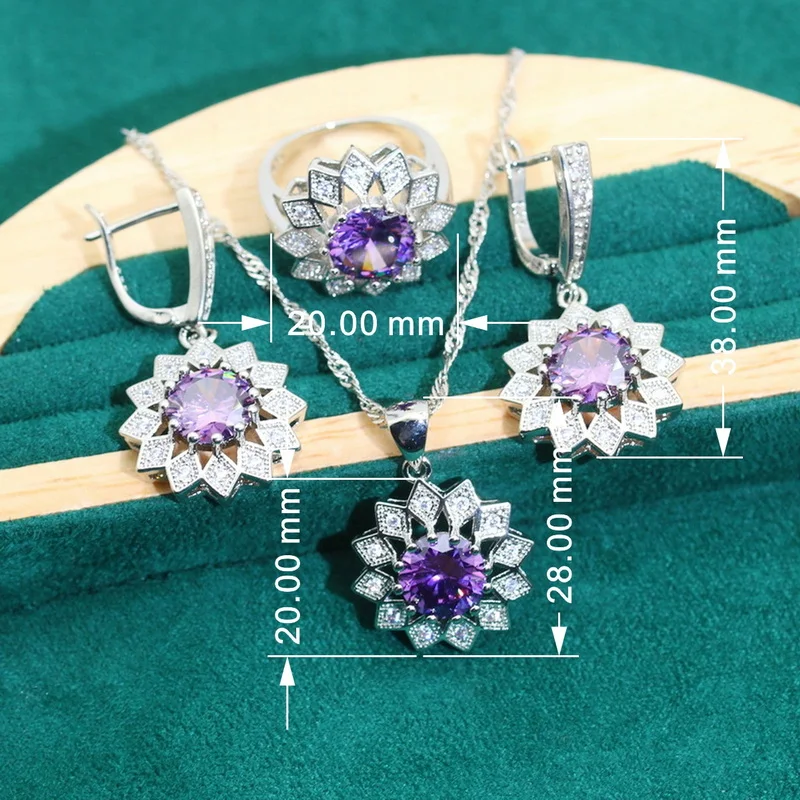 Dubai Women 925 Silver Wedding Jewelry Sets Purple Zircon Earrings Necklace Pendant Ring Bracelet Dating Gifts