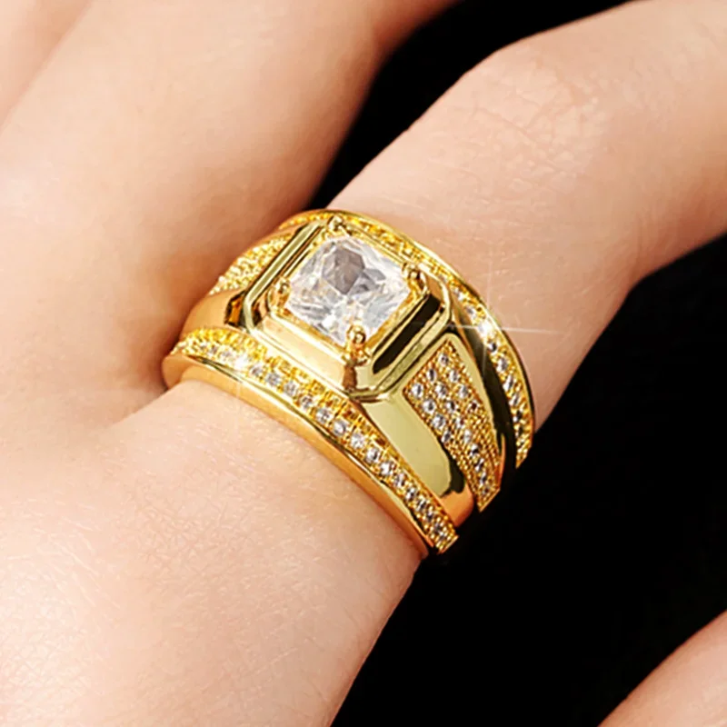 CAOSHI Fashion Gold Color Finger Ring for Men Luxury Bright Zirconia Jewelry for Engagement Ceremony Gorgeous Accessories Gift