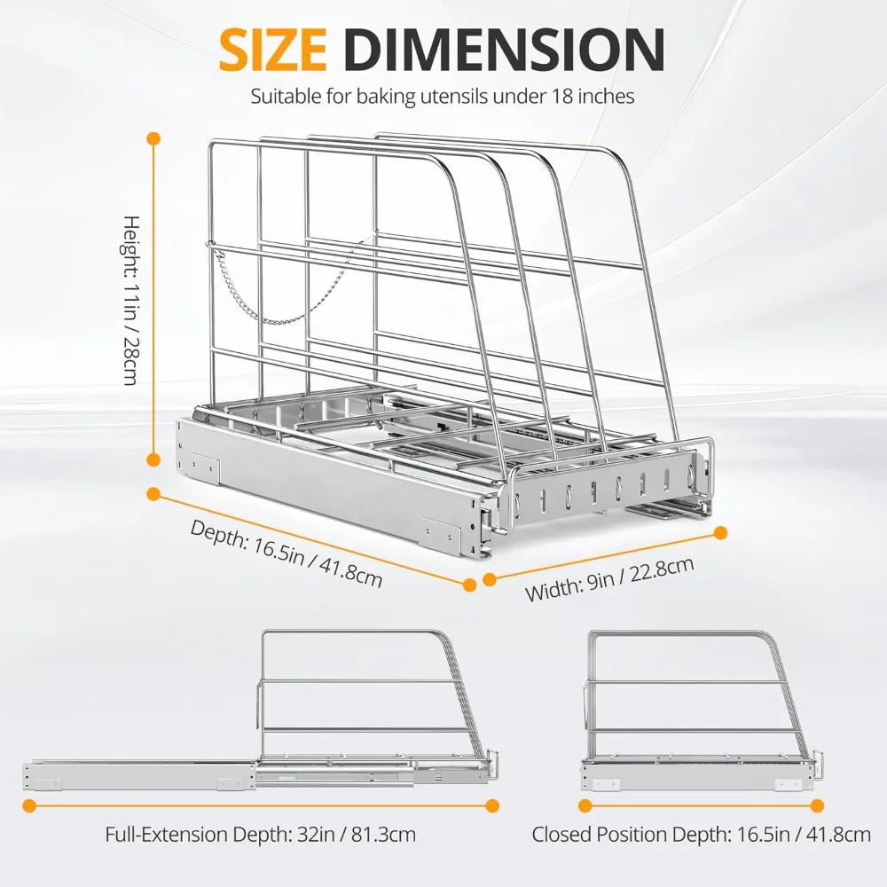 Stainless Steel Pull Out Cabinet Organizer for Cutting Boards & Bakeware - Heavy Duty Sliding Rack (9x16.5in)
