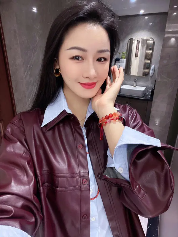 Women's Grape Purple PU Leather Jacket Coat Blue Shirt Two-Piece Set Spring Autumn New Style Retro Layering Casual Fashion image 5