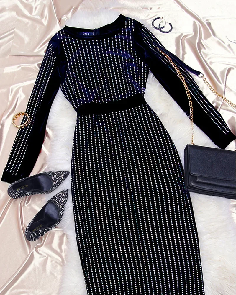 2024 Sequin Round Neck Women Dress Striped Solid Splice Party Tight High Waist Casual Sexy Hip Wrap Long Sheath Dresses