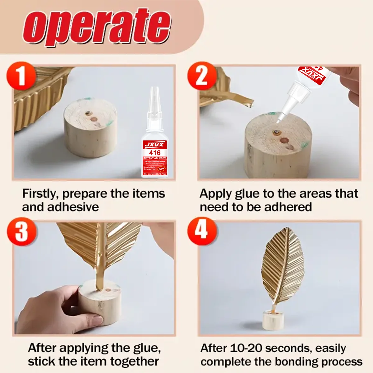 JXVX Accelerated Drying 416 Superkleber, Aktivator-Cyanacrylat-Kleber hinzufügen, starker Sofortkleber für Glas, Metall, Kunststoff, Holz, Keramik, Gummi, schnell trocknend und wasserdicht – 20 ml