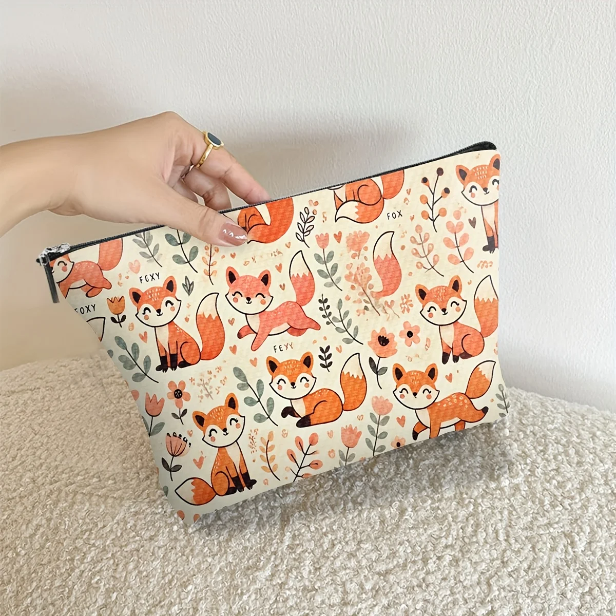 かわいいキツネと花のメイクアップバッグ - かわいい多機能ジッパーポーチ、ジュエリー収納バッグ、旅行に最適な小さなジッパー収納バッグ