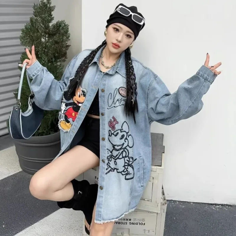 Retro Washed Denim Shirt High-end Sense Stacked Wearing Jacket Women's Autumn Medium And Long Trench Coat Oversized Cartoon Top