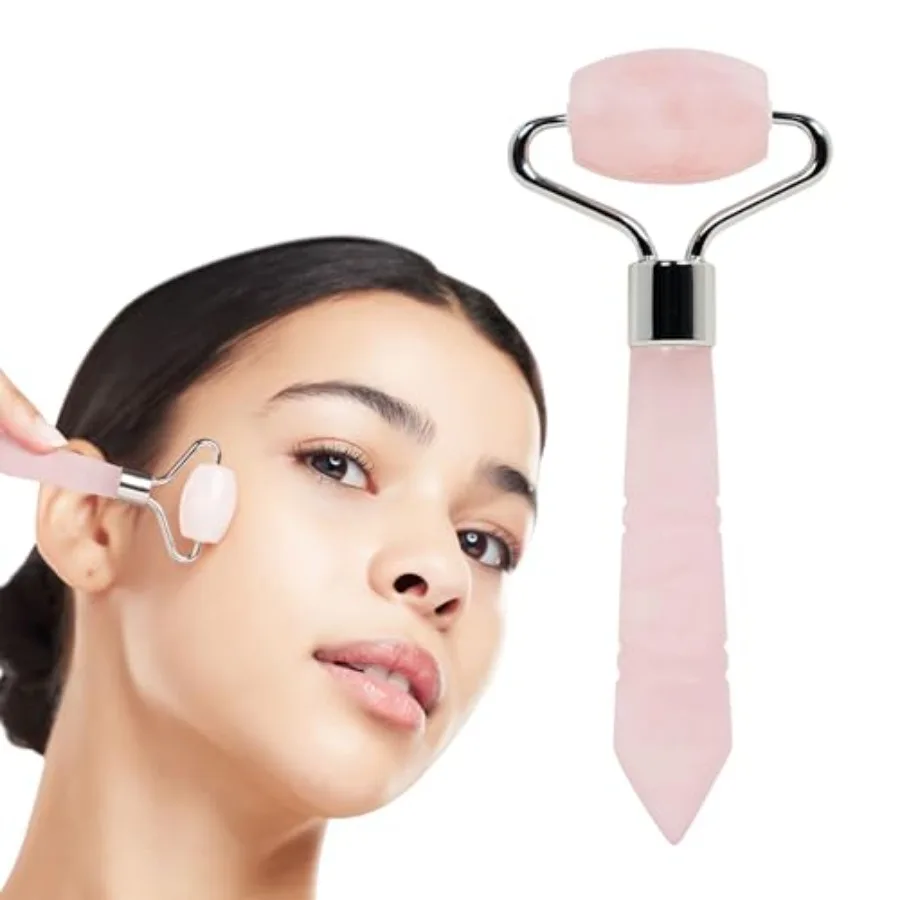 Mini Rodillo de Cuarzo Rosa - Rodillo Facial - Herramientas Faciales Gua Sha, Mini Rodillos para la Cara, Kit de Cuidado de la Piel para Hombres y Mujeres, Herramientas Guasha