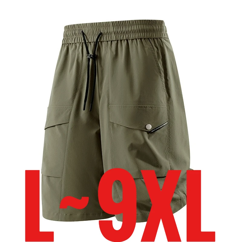 

Plus Size 9XL Men's Ice Silk Short Knee Length Cargo Bermuda Male Big Large Sports Running Summer Elastic Waist Loose Fit Casual