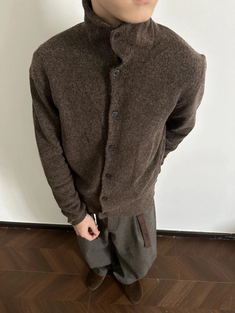 

Винтажный вязаный кардиган с воротником-стойкой для мужчин, осенне-зимний, свободного кроя, на пуговицах, уютный, модный, верхняя одежда