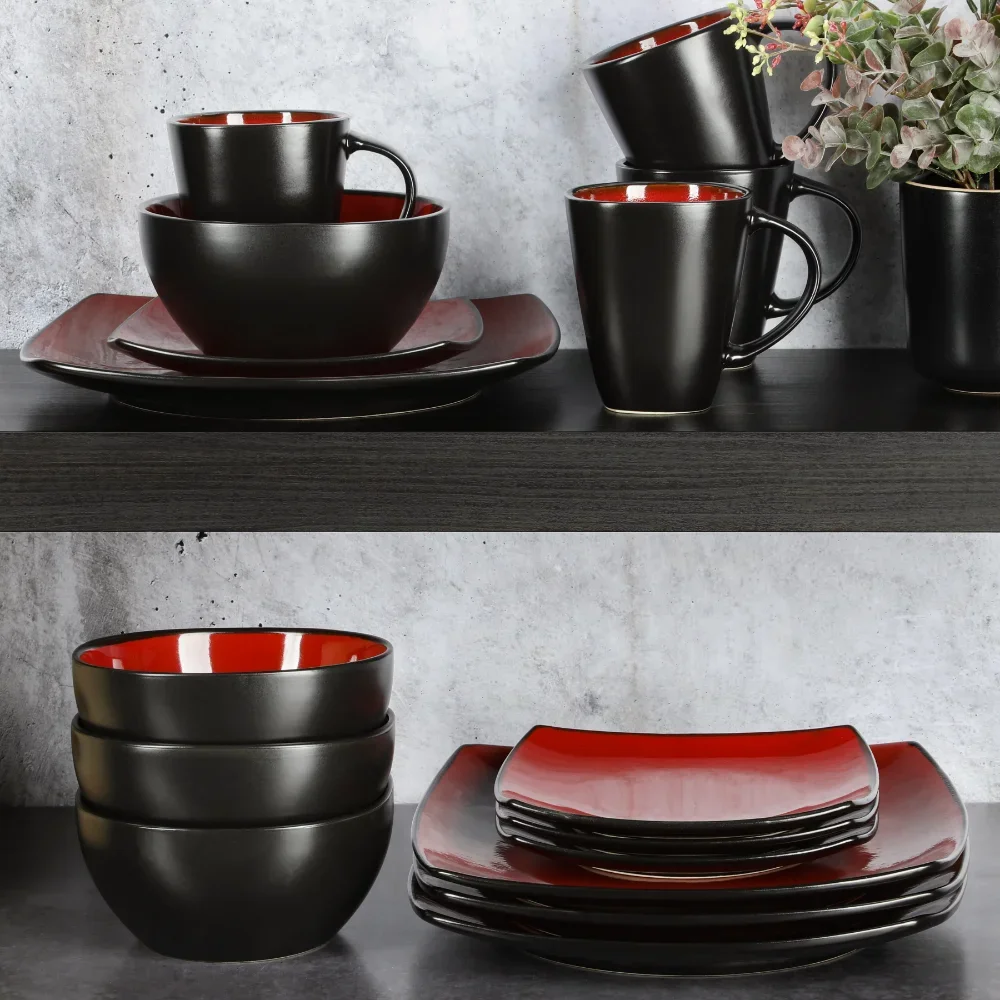Soho Lounge Square 16-Piece Dinnerware Set - Red Dinner Set  Dish Set  Dinner Set  Plate Sets