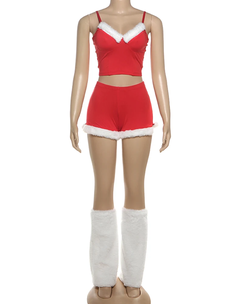 Kliou Kerststijl 3-delige set Dames Harig Patchwork Lage hals Backless Crop Tops + Shorts + Beenmouwen Cover Avondfeest Pakken