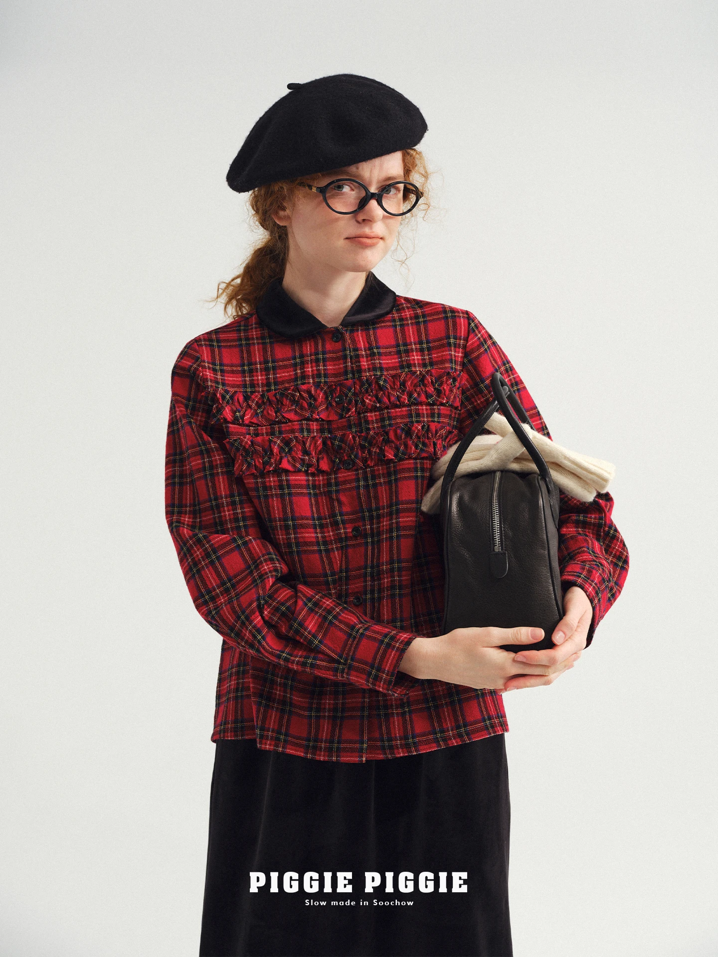 

Шерстяная клетчатая блузка Piggie Piggie с вельветовым воротником, 100% моющаяся, в стиле ретро, с длинными рукавами, женская теплая блузка с цветными вставками