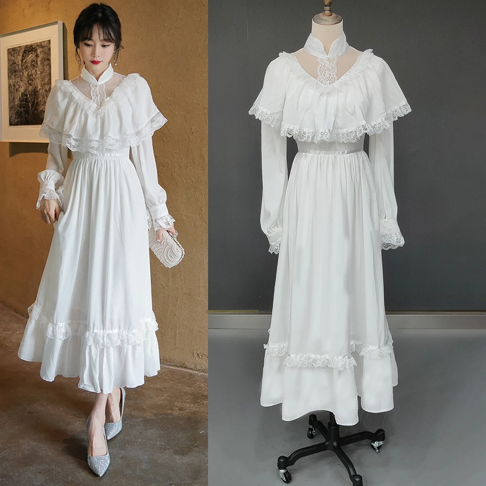 Customized Medieva Victorian High Neck Chiffon Wedding Dress Plus Size Long Sleeves Lace Tea Midi Length Short Bridal Gowns