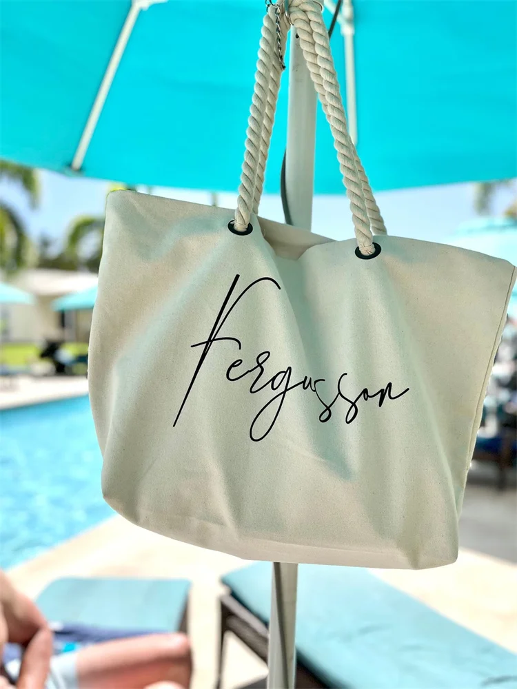 Custom name Beach Bag | Personalized Holiday Bag with rope handle | Personalised Gift for her | Nautical Beach Tote | Honeymoon