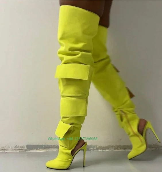 Lady yellow PU leather pocket design thigh boots solid T show blue sexy slingback high heels boots summer pointer toe boots 43