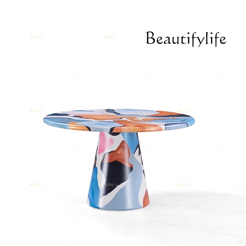 

Nordic solid wood dining table small apartment home restaurant solid wood round hand-painted high-end dining table