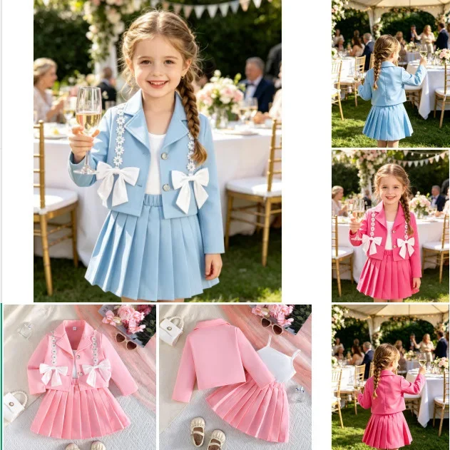 Girls Bow Embroidery Blazer Pleated Skirt 2Pcs Set Kids Outdoor Wedding Reception Outfit Garden Ceremony Birthday Banquet ZYD47