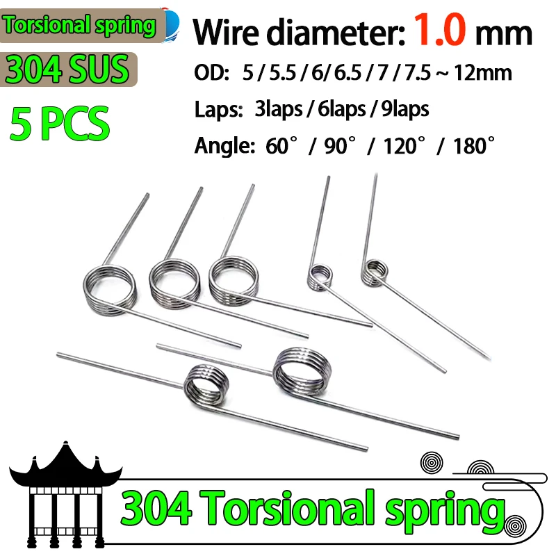 304SUS diametro del filo 1.0mm molla di torsione destra ritorno e ripristino molla a forma di V laps1/2/3/4/5 giro 5 pezzi