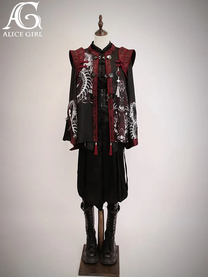 Original Design Dragon Embroidery Chinese Gothic lolita short jacket Black Red Stand Collar Ethnic Costumes Jackets